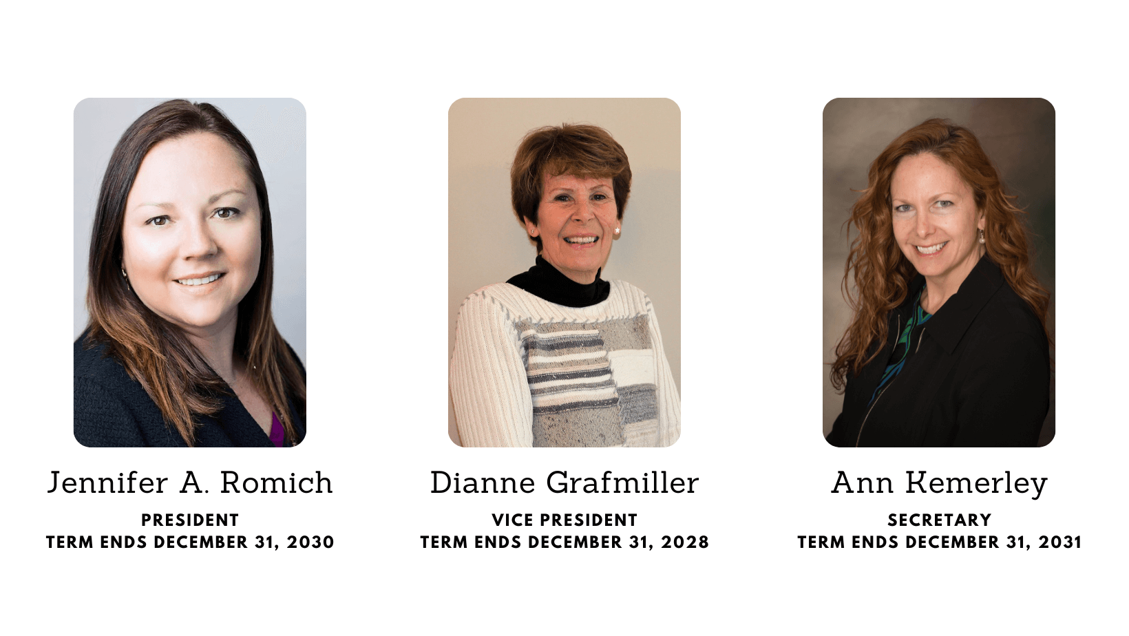 Three women in business attire. Text says Jennifer A. Romich, President, term ends December 31, 2030. Dianne Grafmiller, Vice President, term ends December 31, 2028. Ann Kemerley, Secretary, term ends December 31, 2031.